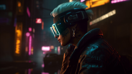 A hacker who has tattoos on his body wearing virtual reality goggles on cyberpunk cityscape,3D Illustration

