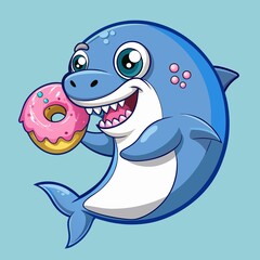 Naklejka premium Cute shark with doughnut illustration mascot 