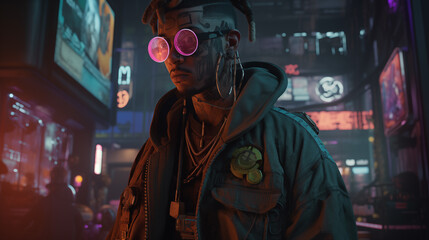 A hacker who has tattoos on his body wearing virtual reality goggles on cyberpunk cityscape,3D Illustration
