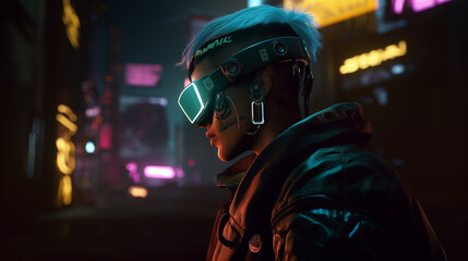 A hacker who has tattoos on his body wearing virtual reality goggles on cyberpunk cityscape,3D Illustration
