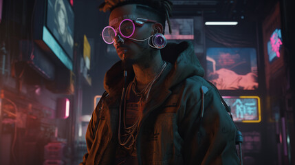 A hacker who has tattoos on his body wearing virtual reality goggles on cyberpunk cityscape,3D Illustration
