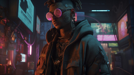 A hacker who has tattoos on his body wearing virtual reality goggles on cyberpunk cityscape,3D Illustration
