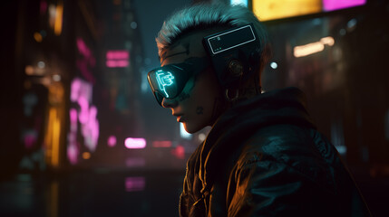 A hacker who has tattoos on his body wearing virtual reality goggles on cyberpunk cityscape,3D Illustration
