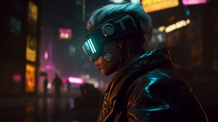 A hacker who has tattoos on his body wearing virtual reality goggles on cyberpunk cityscape,3D Illustration
