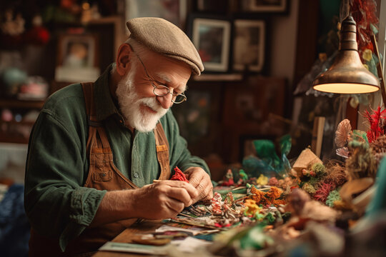 Senior craftsman engrossed in creating art
