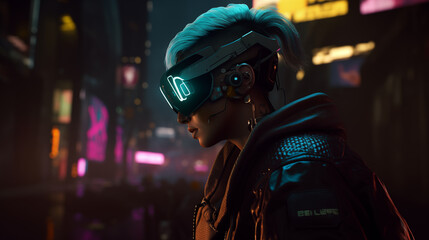 A hacker who has tattoos on his body wearing virtual reality goggles on cyberpunk cityscape,3D Illustration
