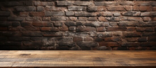 An empty brown wooden table is placed in front of an old black brick wall. The focus is on the table, with the brick wall blurred in the background. - obrazy, fototapety, plakaty