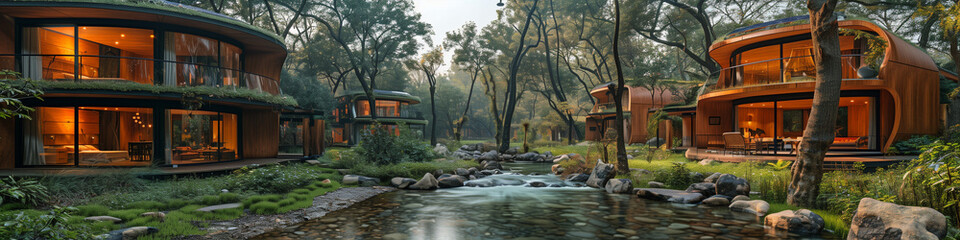 Panoramic header with luxurious eco-friendly resort amidst forest