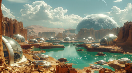 Futuristic mars colony with terraformed landscape