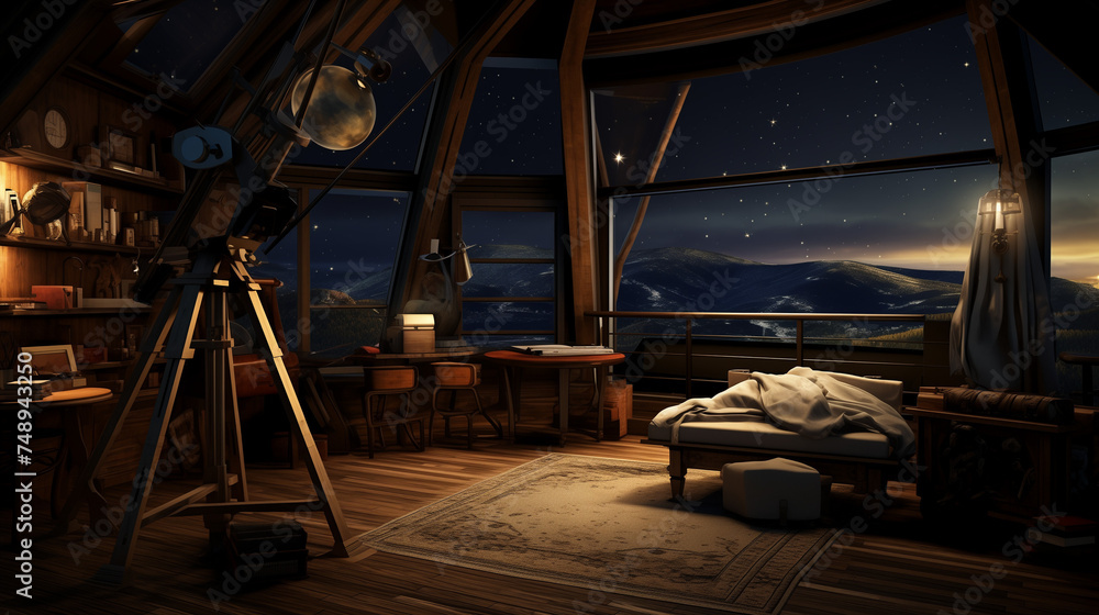 Wall mural observatory-themed room with a telescope near a spacious window, creating a perfect setting for moon