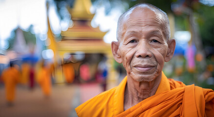 A mystical portrait of a monk at the Bottom of the Vesak. A symbol of inner peace and reflection.  Banner with cop space. - obrazy, fototapety, plakaty