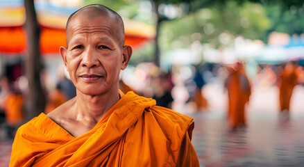 Mystical portrait of a monk on Wesak day. Banner with cop space. - obrazy, fototapety, plakaty