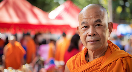Portrait of a monk at the Wesak day. Banner with cop space.