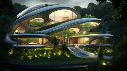Organic architecture in a futuristic home, seamlessly blending nature and technology to create a unique and harmonious living environment 