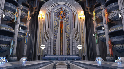 Steps leading to a raised stage in a large fantasy alien conference hall. 3D illustration. © IG Digital Arts