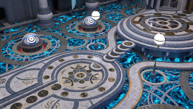 View from a balcony in a huge fantasy alien palace hall with brightly decorated floor. 3D rendered illustration.