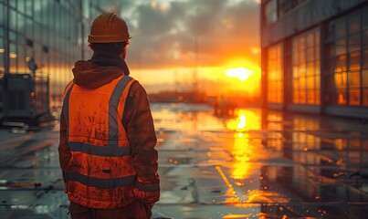 Man in orange safety vest checking construction building - obrazy, fototapety, plakaty