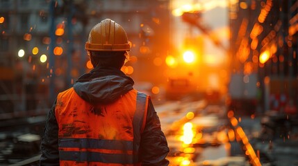 Man in orange safety vest checking construction building - obrazy, fototapety, plakaty