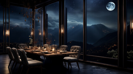  Stylish dining area with large windows, providing a captivating backdrop of the moonlit night sky for a unique dining experience