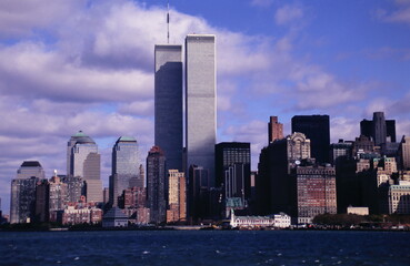 Downtown Manhattan Skyline with World Trade Center Twin Towers in New York City during early 1990s