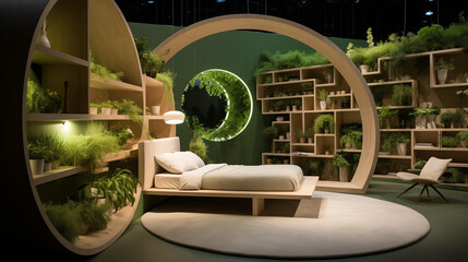 Sustainable pod-style bedroom with modular furniture, green walls, and unique design elements defining the future of eco-conscious interiors