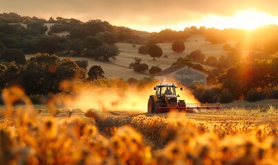 Tractor harvesting ripe crops under the golden afternoon sun in the sunset time. AI generated image
