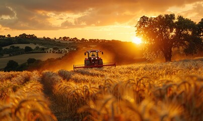 Harvester is harvesting cultivated ripe crops under the golden afternoon sun in the sunset time. AI generated image