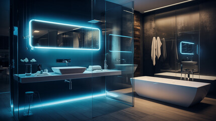 Ultra-modern bathroom with self-cleaning surfaces, smart mirrors, and unique water features defining the future of bathroom design