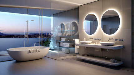 Ultra-modern bathroom with self-cleaning surfaces, smart mirrors, and unique water features defining the future of bathroom design