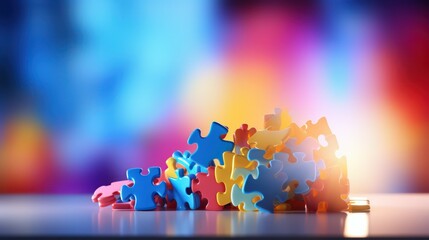 Colorful jigsaw puzzle pieces on blue background - obrazy, fototapety, plakaty