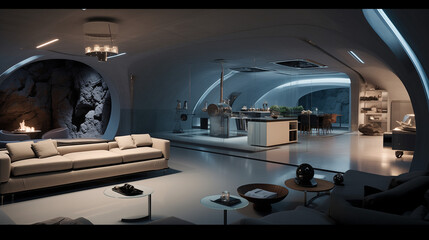 Underground futuristic bunker transformed into a luxurious living space with advanced technology and unique design elements