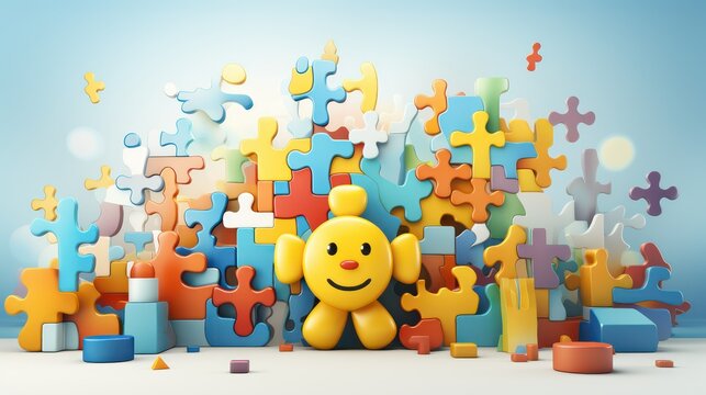 A yellow toy character surrounded by colorful puzzle pieces