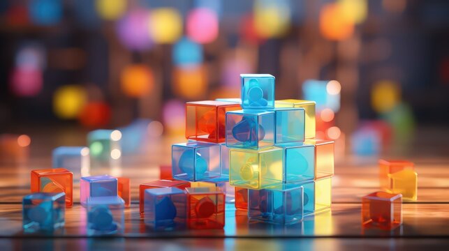 Colorful cubes on wooden table with colorful bokeh background