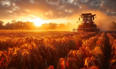 Tractor harvesting ripe crops under the golden afternoon sun - obrazy, fototapety, plakaty