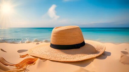 Beach vacation represented by a straw hat on the golden sand of a paradisiacal beach with a sea of crystal clear waters. Beach vacation concept