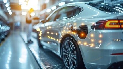 Fototapeta premium Promo image of sleek EV with digital features and charging port in workshop setting.