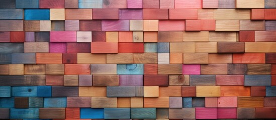 This close-up view showcases a wooden wall constructed from various colored blocks, creating a vibrant and textured surface. The blocks are seamlessly arranged,