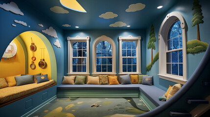 Whimsical children's playroom with creative window designs, allowing the moon to become a magical part of the play environment