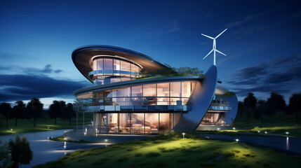 Wind-powered energy-efficient home with a unique blend of sustainability and high-tech interior design elements