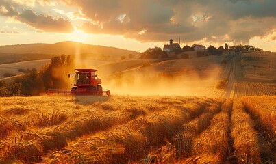 Farmers harvesting ripe crops under the golden afternoon sun - obrazy, fototapety, plakaty