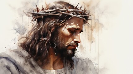 illustration Divine Love and Sacrifice, Painting Of Jesus Christ with Crown of Thorns - obrazy, fototapety, plakaty