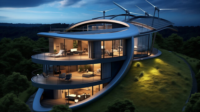 Wind-powered energy-efficient home with a unique blend of sustainability and high-tech interior design elements