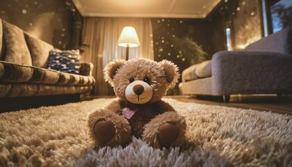 'ours en peluche est allongé sur un tapis sur une tonalité cinématographique, photo dramatic