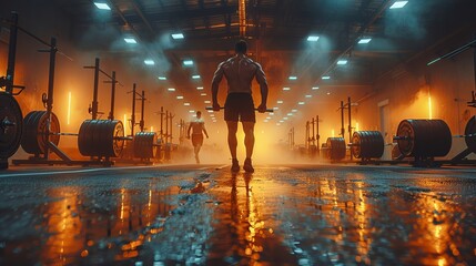 a man is standing in a gym holding a barbell - obrazy, fototapety, plakaty
