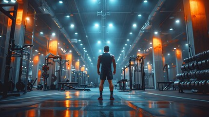 a man is standing in the middle of a gym - obrazy, fototapety, plakaty