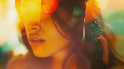 Abstract film photo of a young female model. Light leaks with double exposure. Dreamy vintage effect