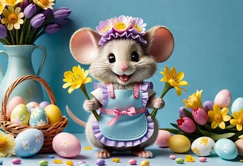 The mouse and the Easter colored egg hunt fall out of the elevator.