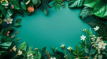 Fondo verde con flores, plantas y mariposas con espacio para escribir - obrazy, fototapety, plakaty