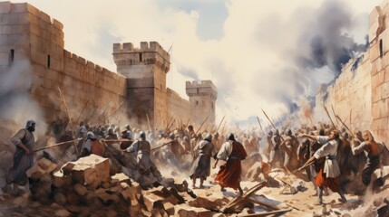 The Battle of Jericho. The walls of Jericho collapsin watercolor illustration