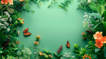 Fondo verde con flores, plantas y mariposas con espacio para escribir - obrazy, fototapety, plakaty